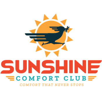 A logo for sunshine comfort club with a bird running in front of the sun