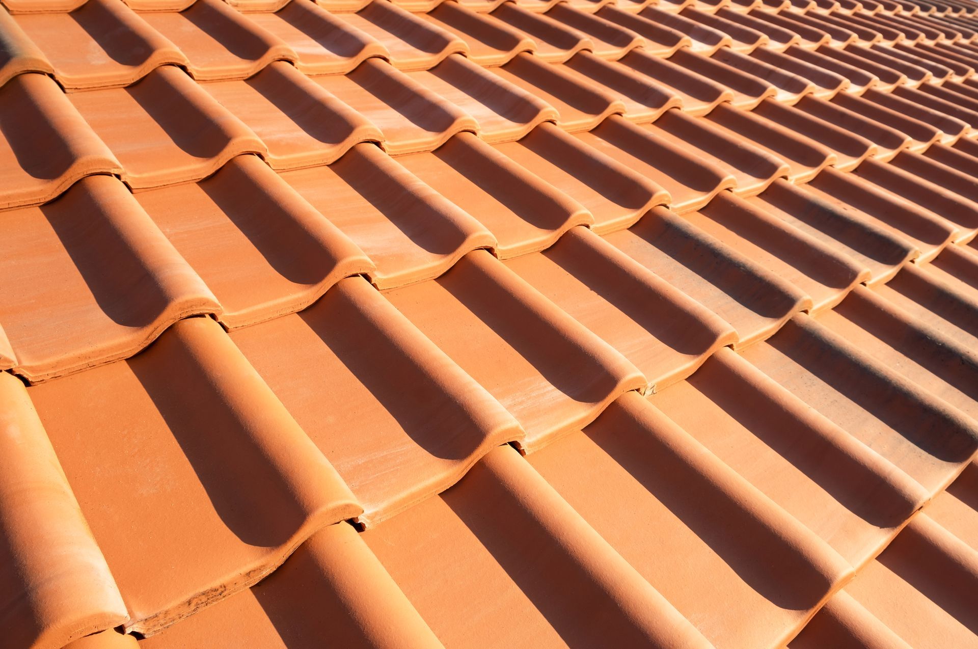 Terracotta roof tiles in a repeating pattern, viewed at an angle under bright sunlight