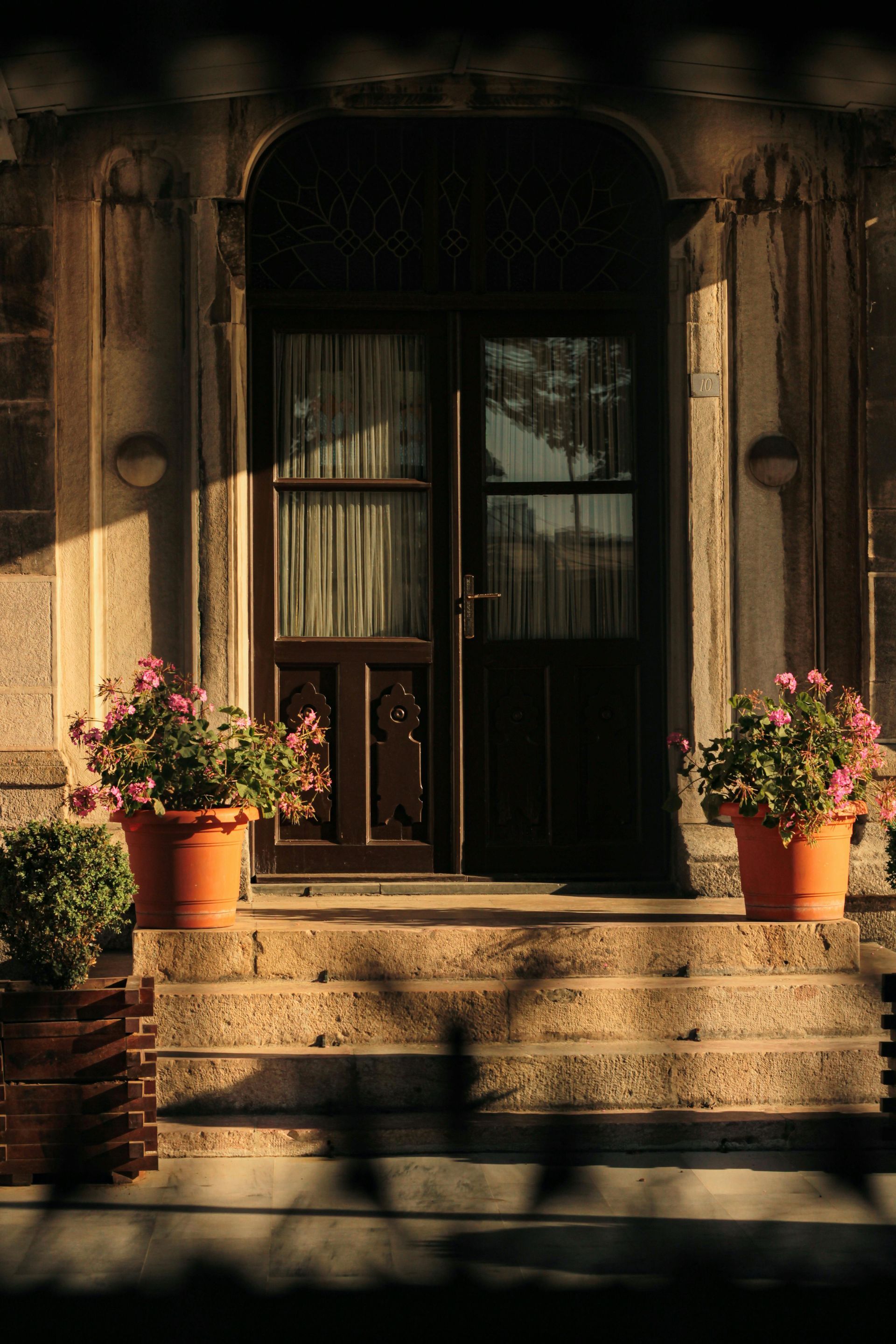 Sunlit stone doorway with dark curtains and two potted flowers on the steps