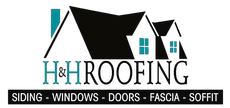 H&H Roofing logo with black roof graphic, teal accents, and text for siding, windows, doors, fascia, and soffit