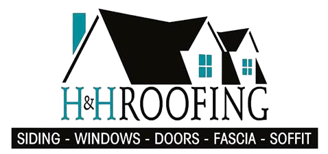 H&H Roofing logo with black roof graphic, teal accents, and text for siding, windows, doors, fascia, and soffit