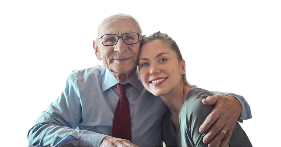 An elderly man and a young woman are posing for a picture.