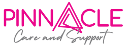 The pinnacle care and support logo is pink and gray on a white background.