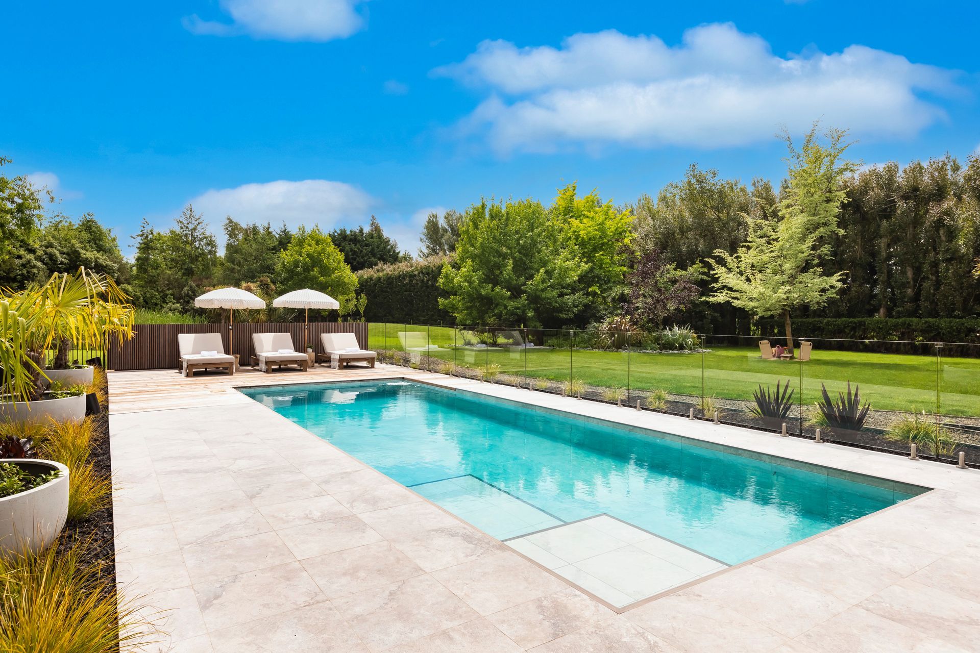 A large swimming pool surrounded by chairs and umbrellas in a backyard.