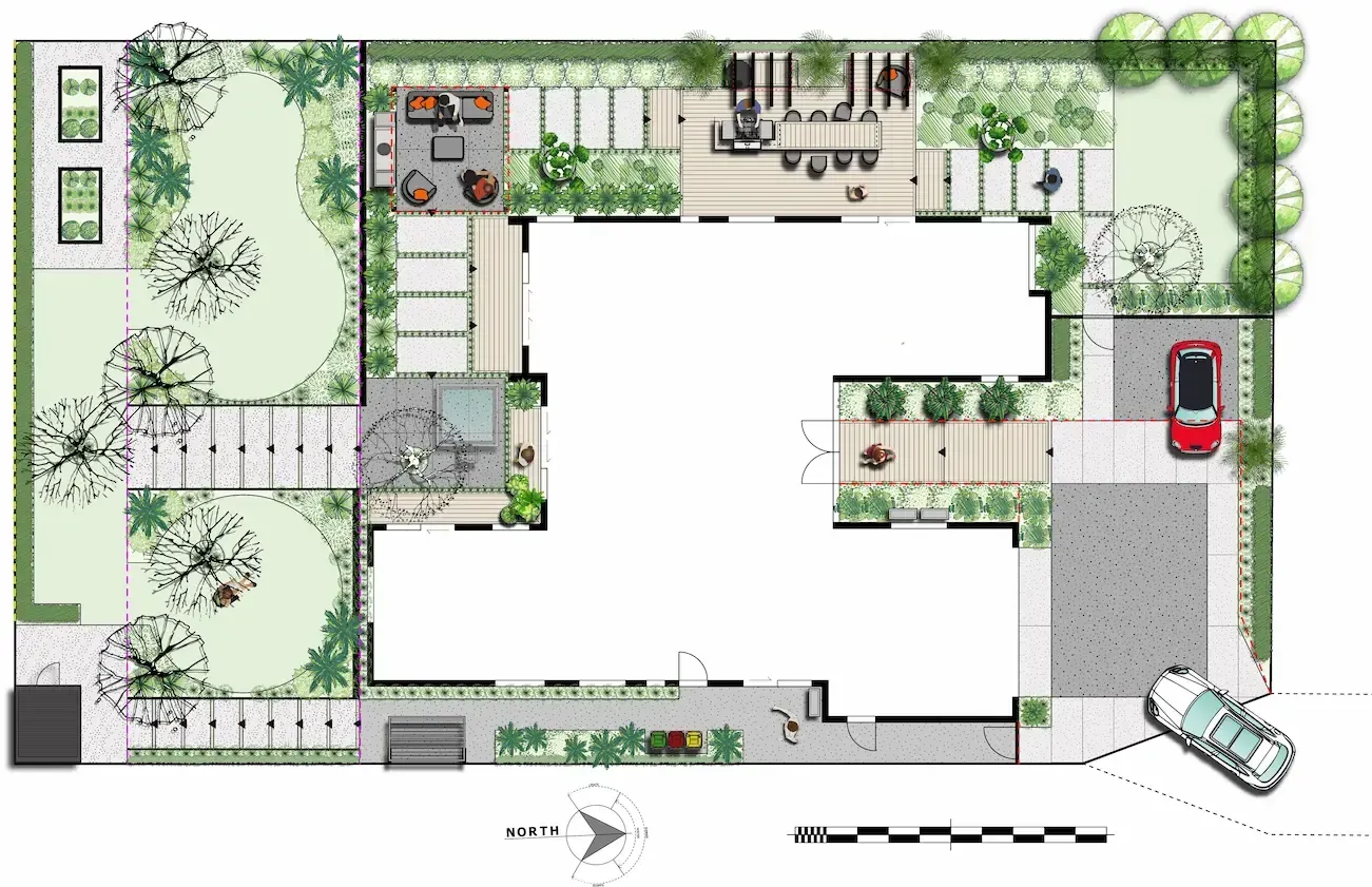 Top-down view of a modern home landscape plan with greenery, driveway, car, patio and garden spaces.
