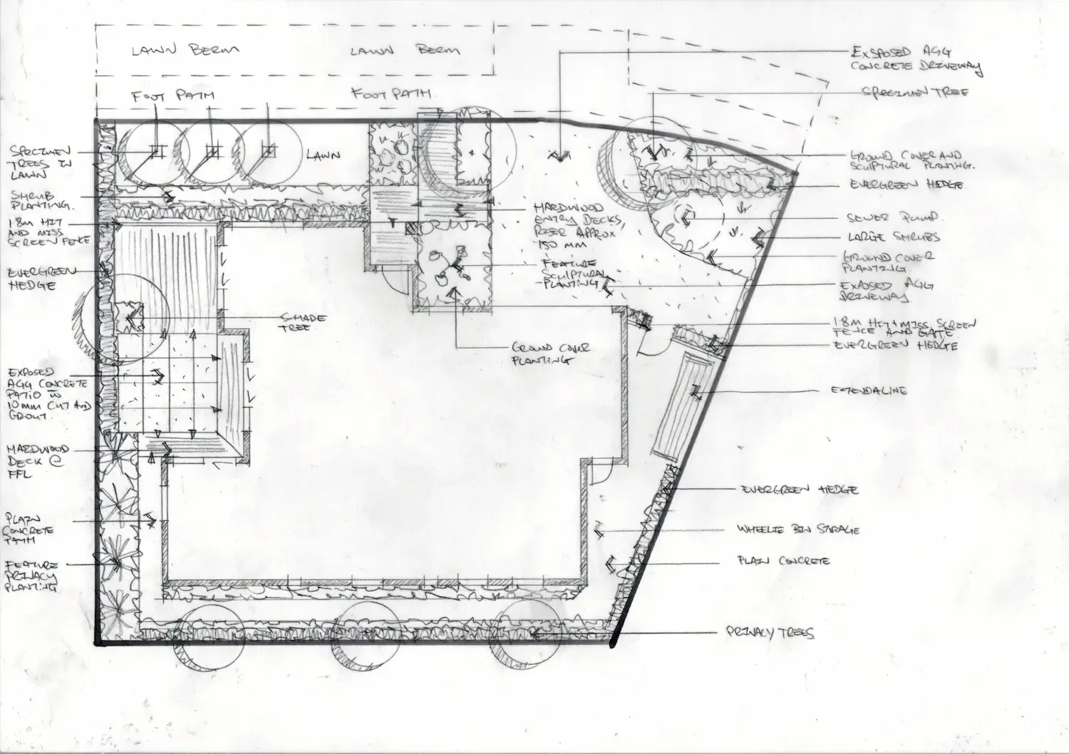 Hand-drawn garden plan with patio, borders, plantings, and a shed.