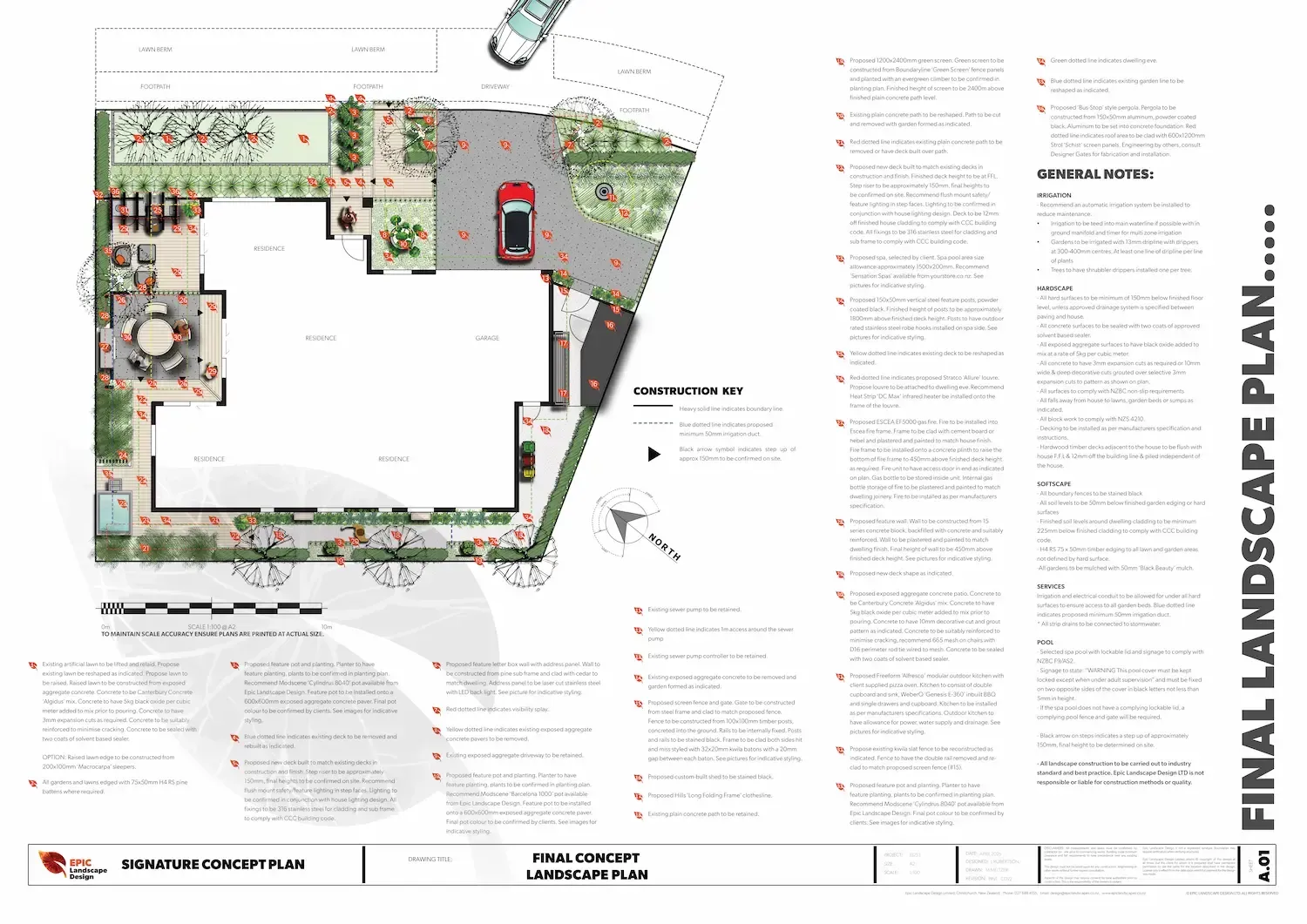 Landscape plan showing house, driveway, trees, plants, and walkways.