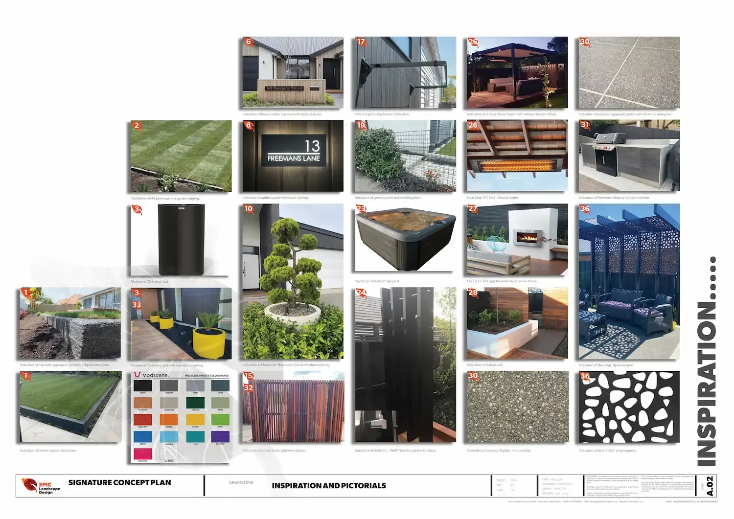 Inspiration mood board with various outdoor landscaping elements.
