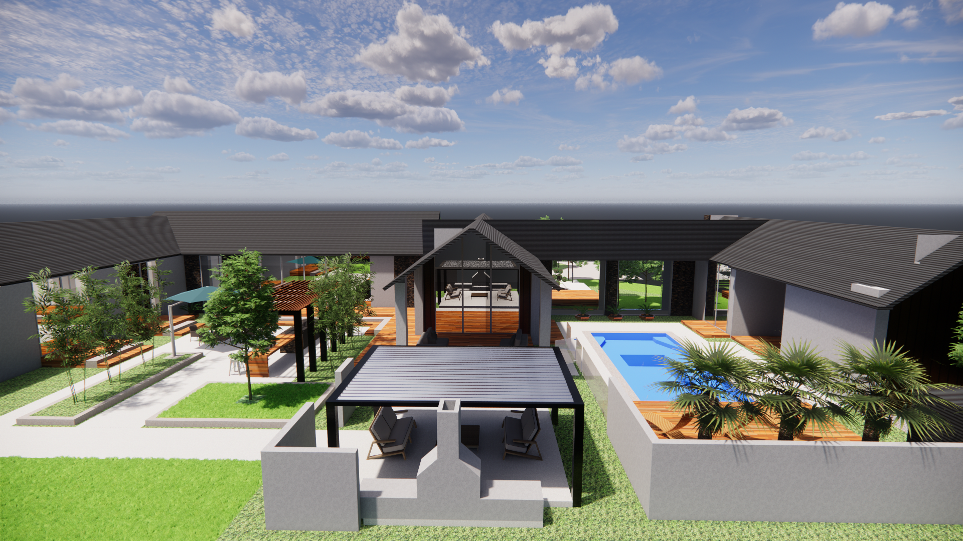 An aerial view of a house with a swimming pool and a pergola.