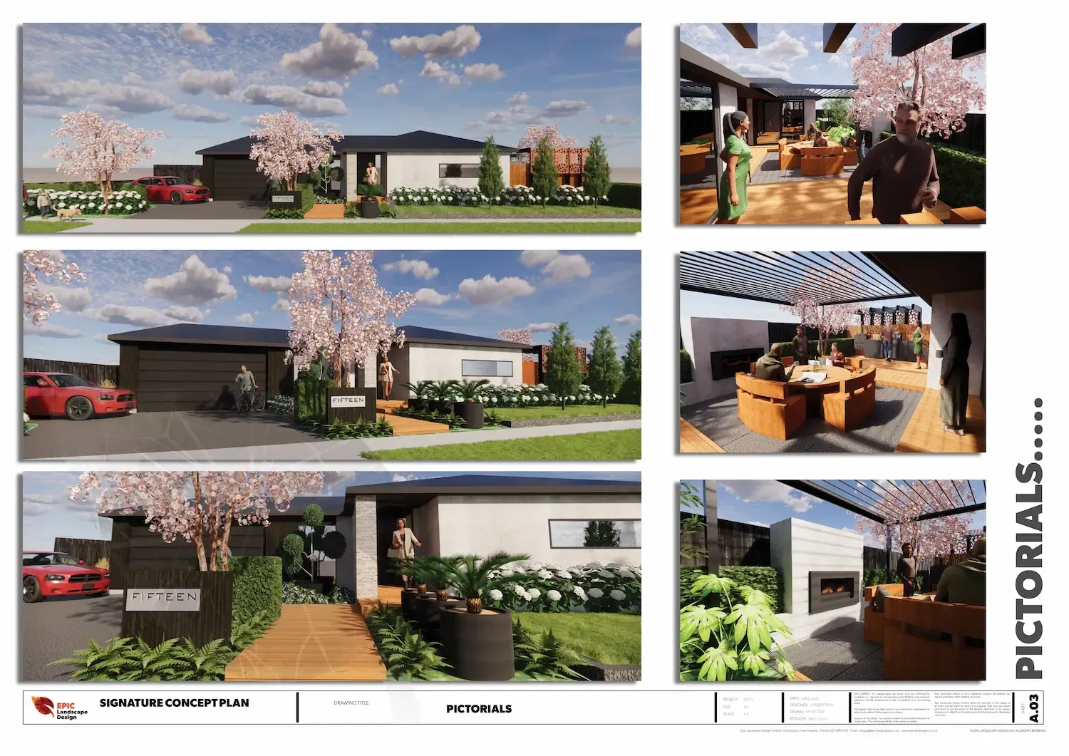 Architectural renderings of a modern house and outdoor patio, with landscaping and red car.