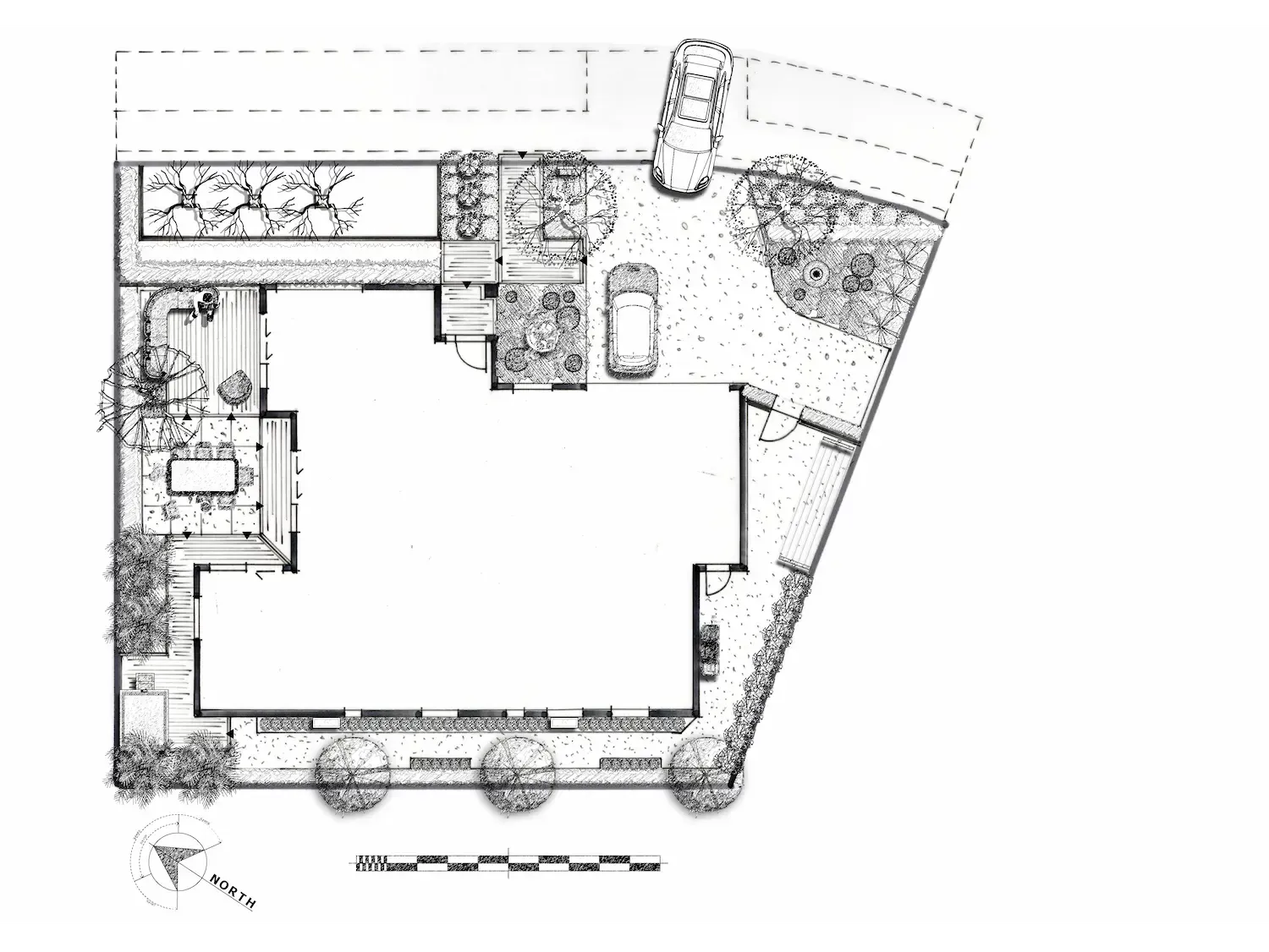Overhead view of a house plan with a driveway, patio, pool, and landscaping.