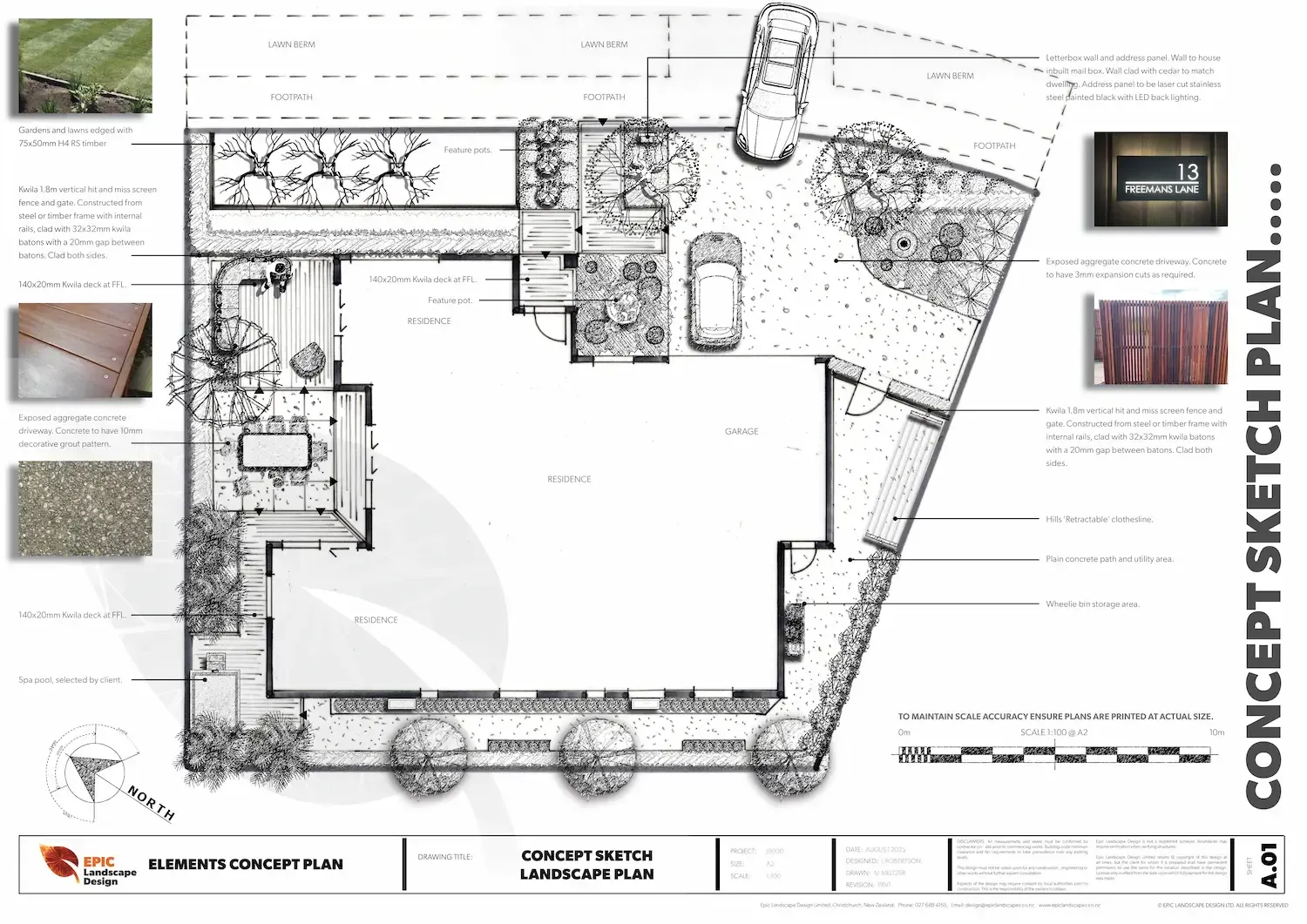 Landscape design concept sketch plan, showing a house, driveway, garden, trees, and various elements.