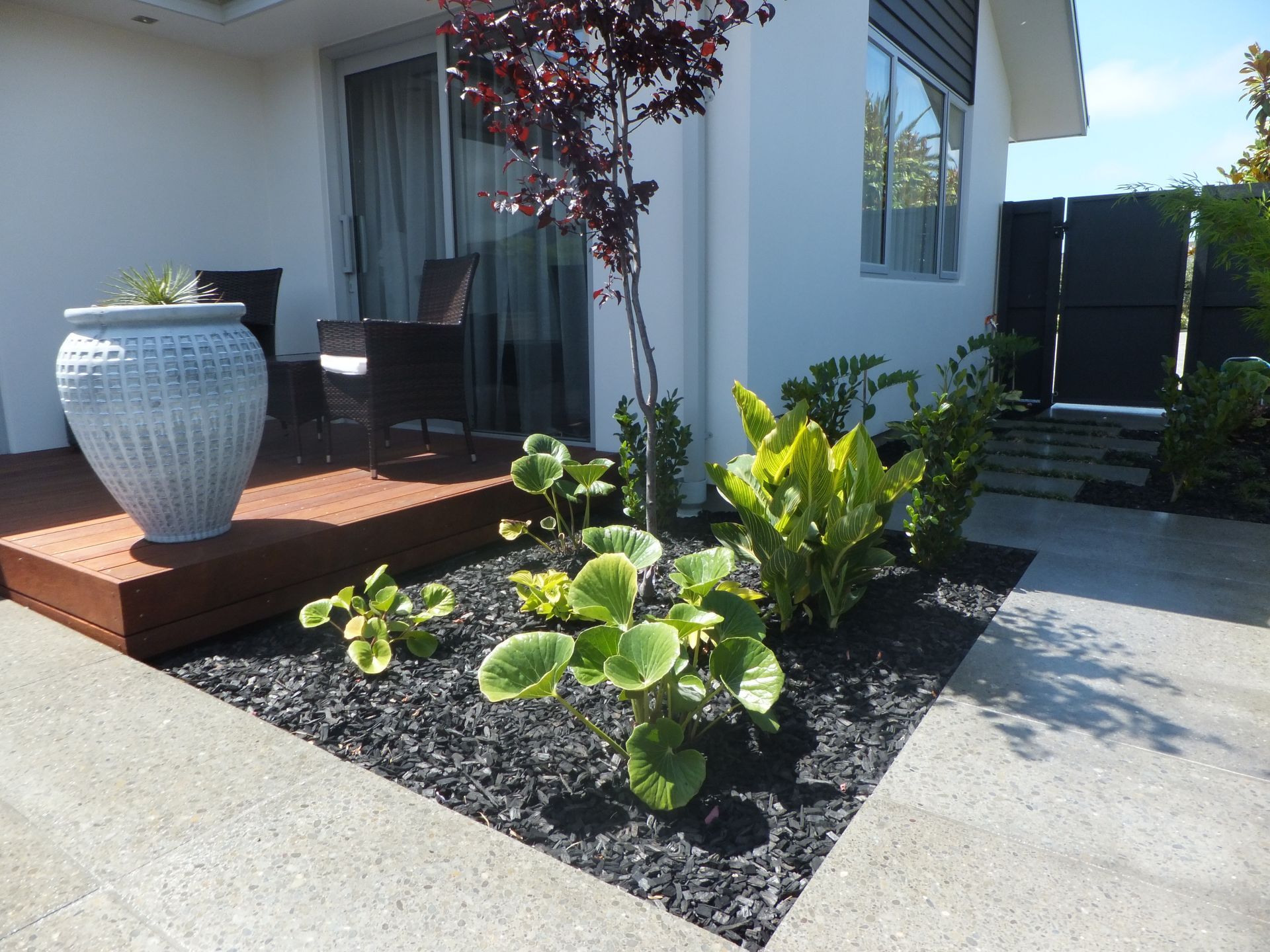 A potted plant sits on a wooden deck in front of a house
