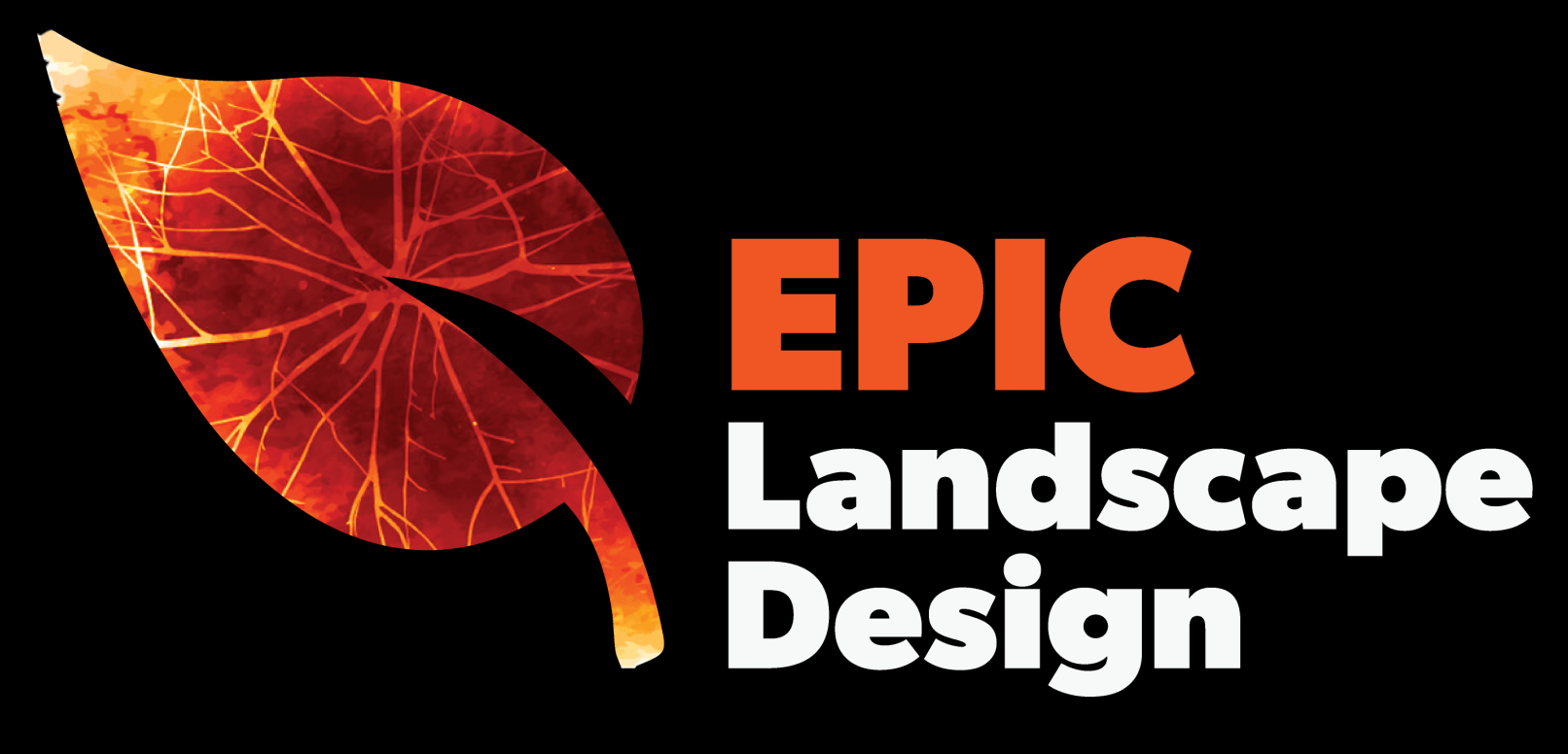 A logo for epic landscape design with a red leaf on a black background.