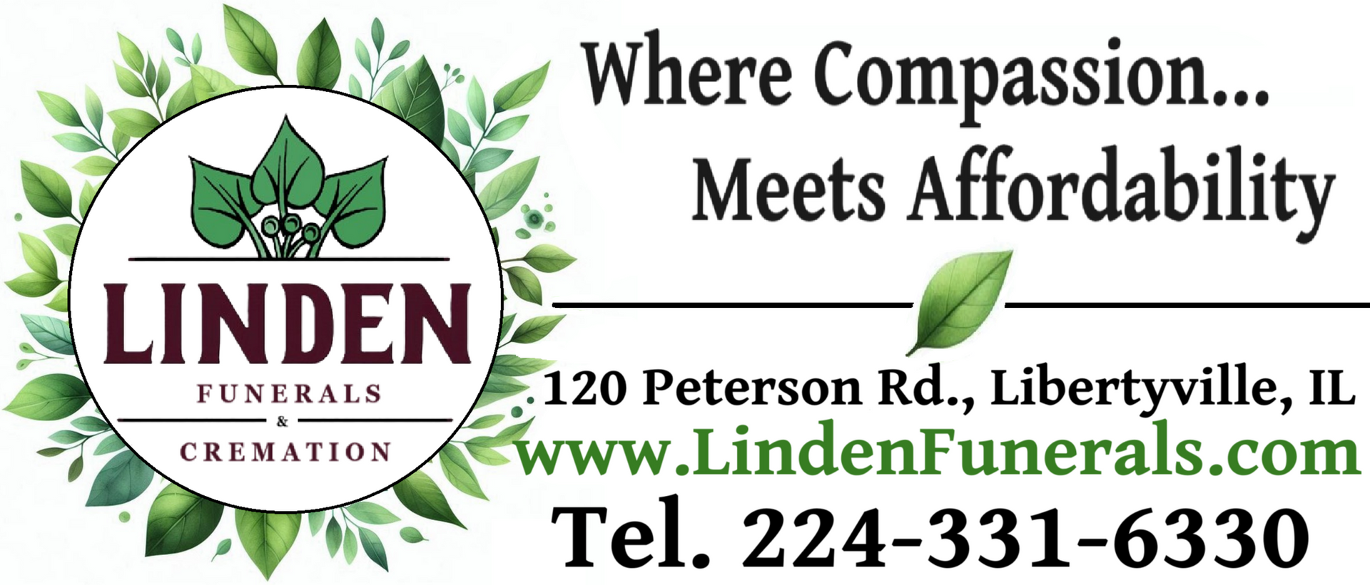 Logo for Linden Funerals, with address and phone number. 