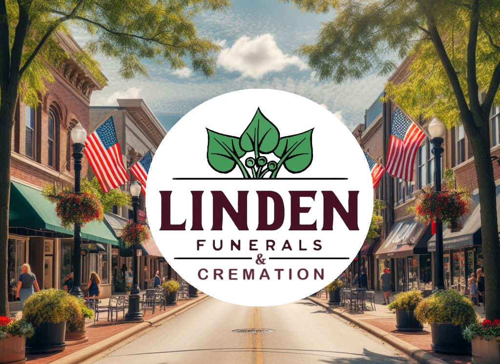 Logo for Linden Funerals & Cremation, featuring a stylized leaf design over text, superimposed on a photo of a sunny town street.