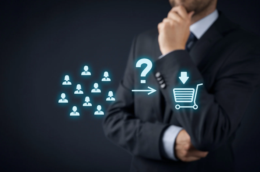 A man in a suit is thinking about a question mark and a shopping cart