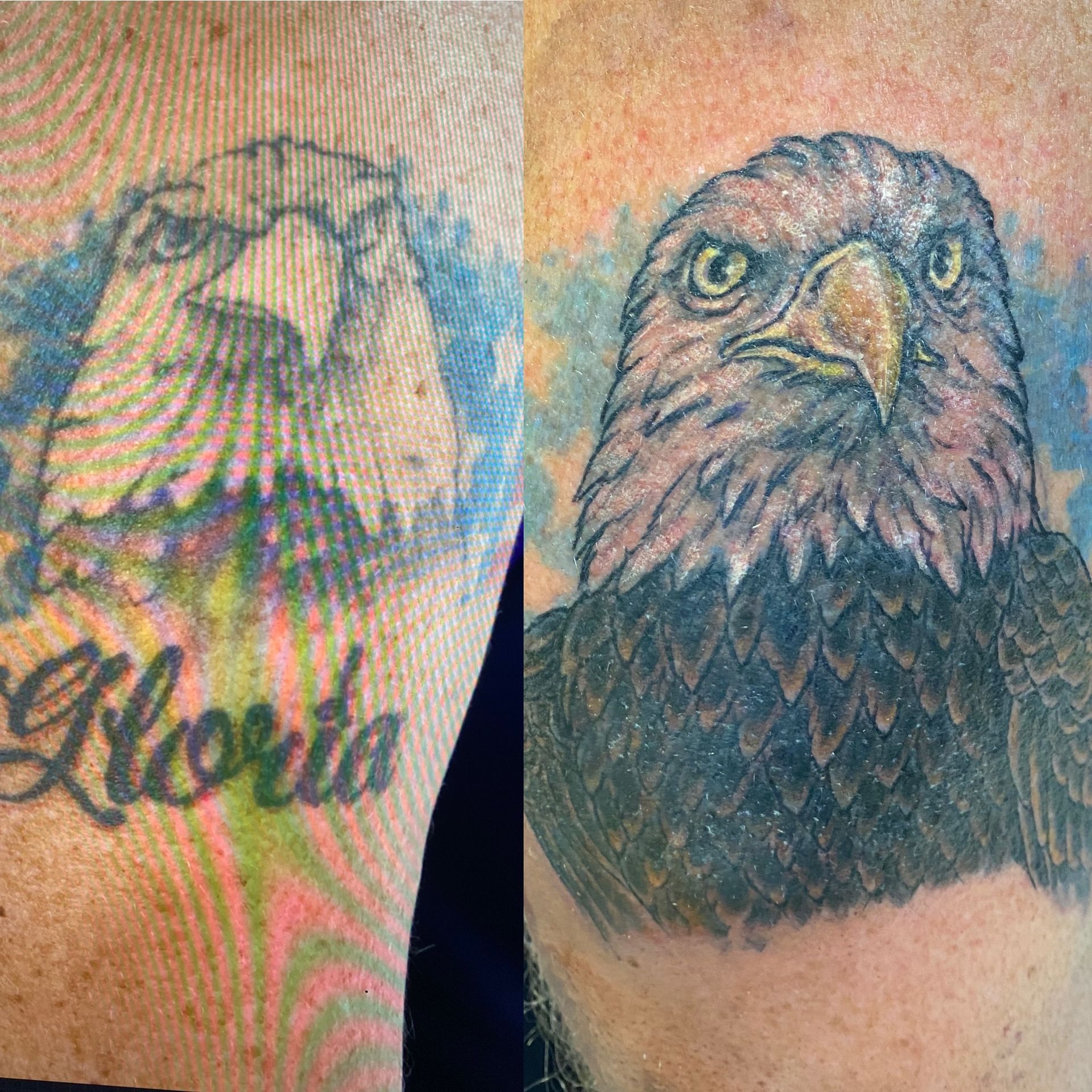 Before and after tattoos: faded eagle design, and the updated detailed eagle with blue and yellow background.