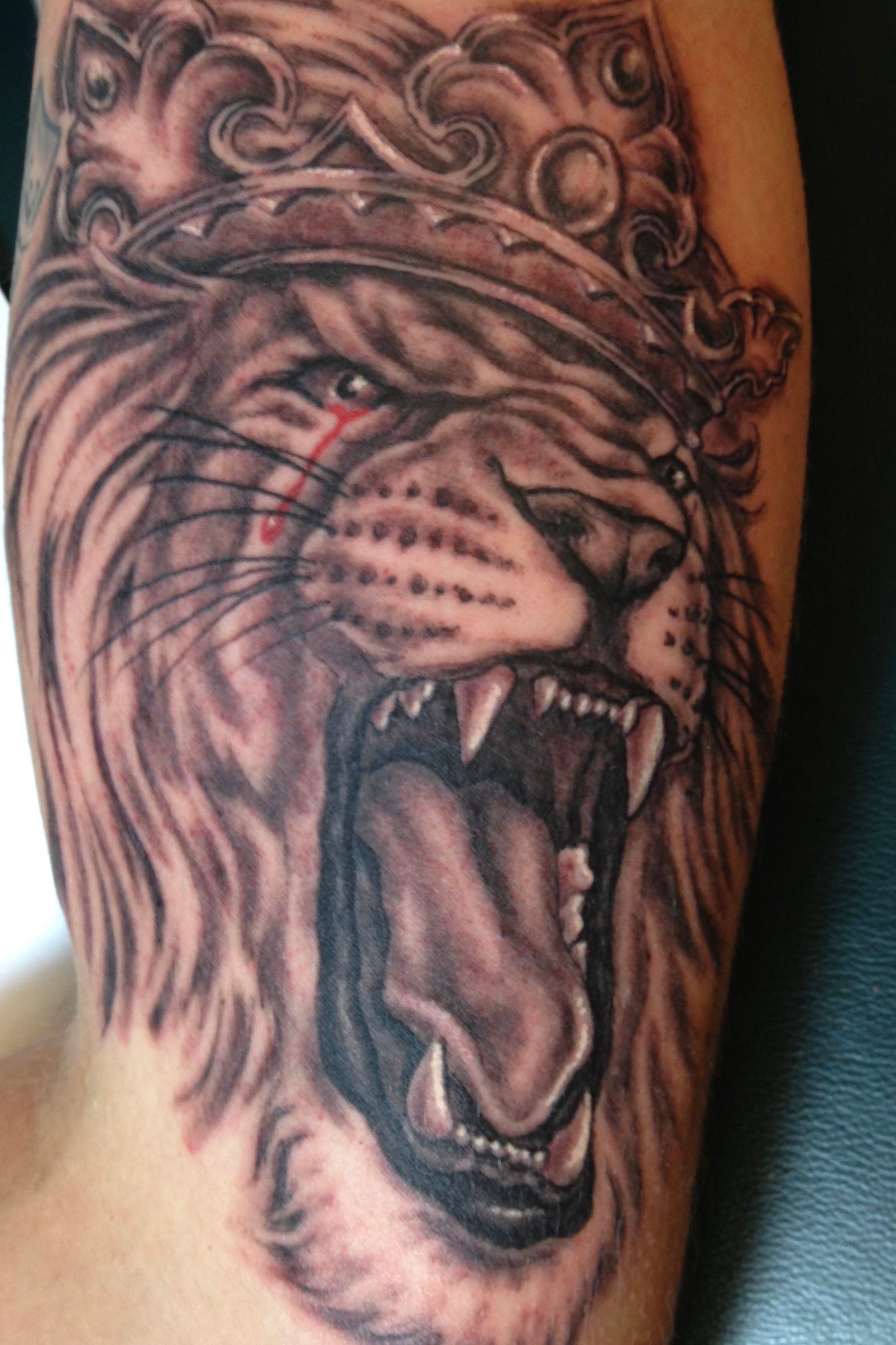 Roaring lion tattoo with a crown, in black and gray shading, on a person's arm.