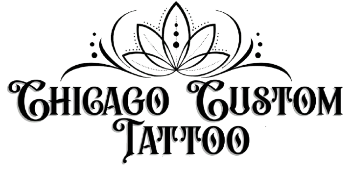 Logo for Chicago Custom Tattoo: Buddha head within lotus, with curved text "Chicago Custom Tattoo" in stylized font.