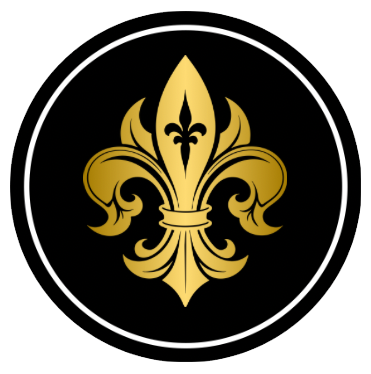 A gold fleur-de-lis emblem centered on a black circular background with a thin white border.