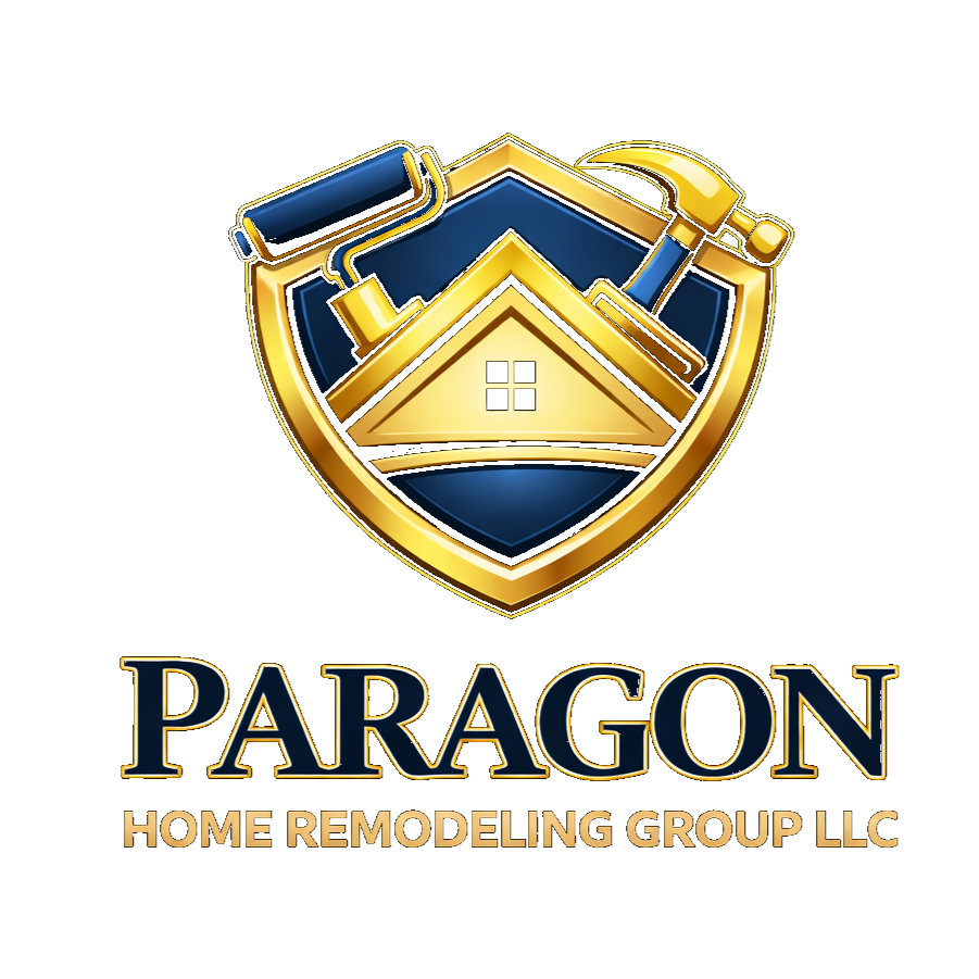 Paragon Home Remodeling Group logo: blue and gold shield with tools and house icon.