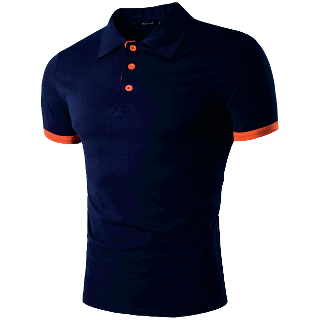 Polo azul marino con cuello, puños y botones color naranja.