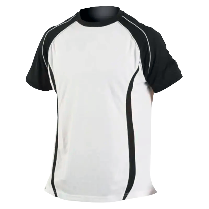 Camiseta deportiva blanca con mangas y paneles laterales negros.