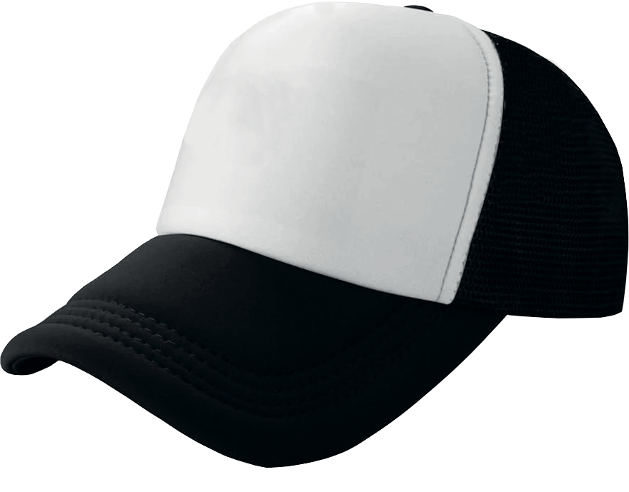Gorra de camionero blanca y negra. Visera y laterales de malla negros, panel frontal blanco.