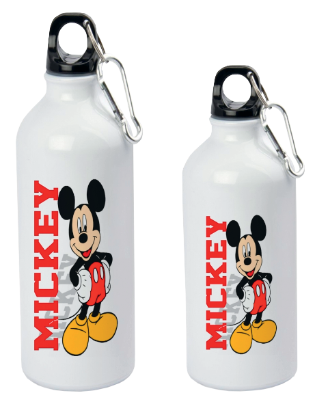 Dos botellas de agua blancas con Mickey Mouse, texto 