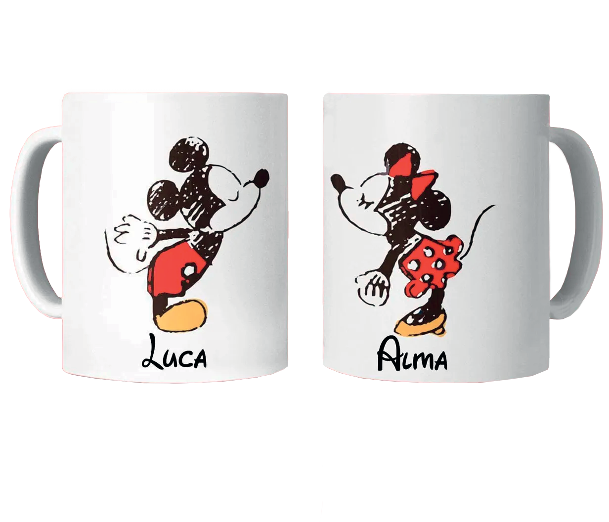 Tazas con Mickey y Minnie Mouse, uno frente al otro. Mickey tiene escrito 