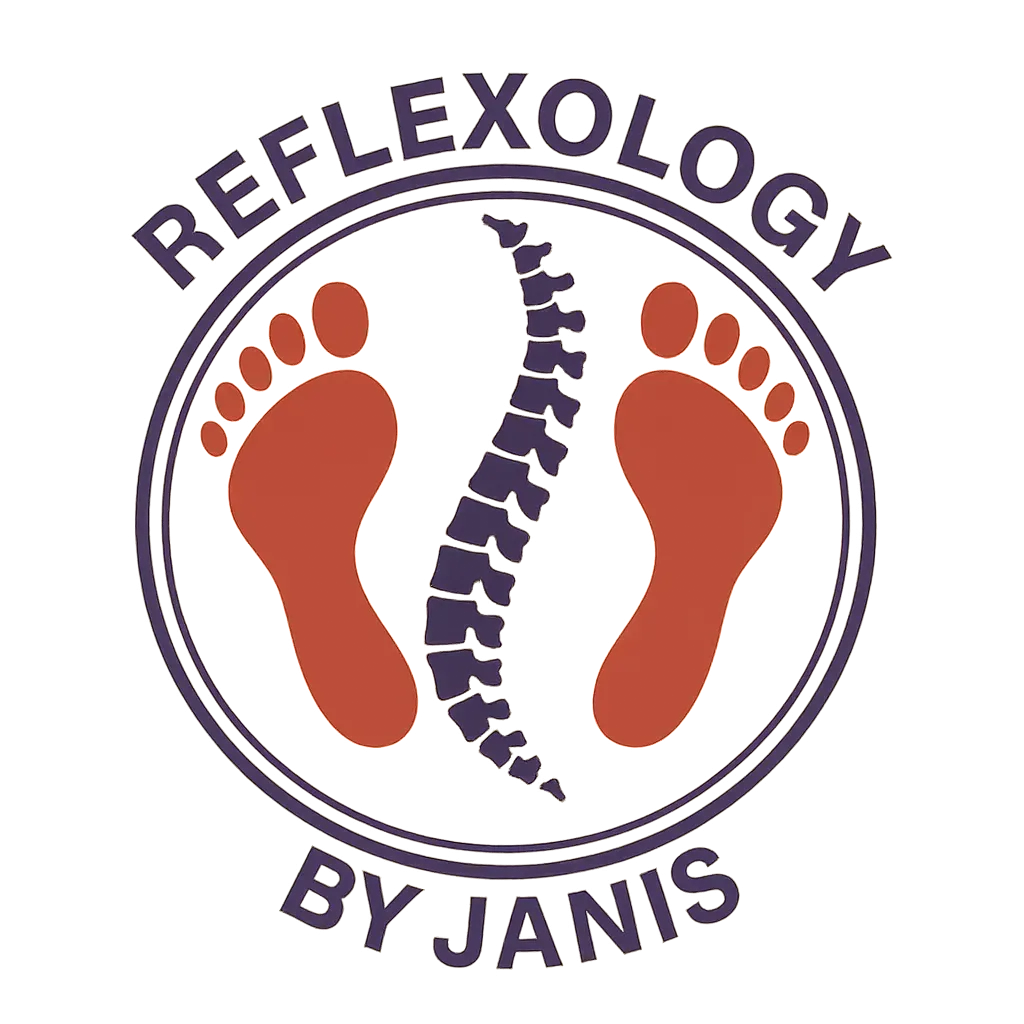 Logo for "Reflexology by Janis" featuring two red footprints and a central dark purple spinal column inside a circle.