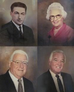 Four portrait photos of older adults. Men in suits, a woman in pink.