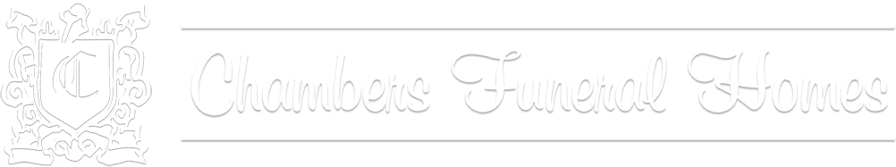 Logo for Chambers Funeral Homes, a white emblem and script with "Chambers Funeral Homes."