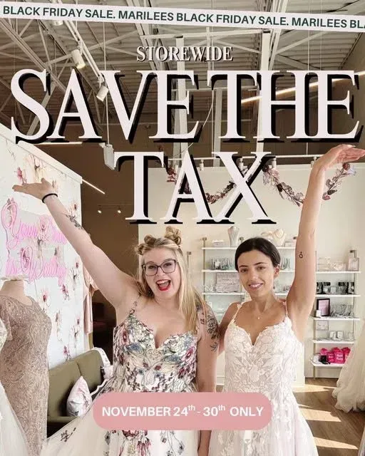 Black Friday sale ad: Two women in wedding dresses, arms raised. 