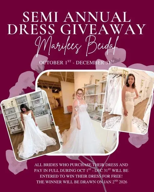 Poster for Marifees Bridal dress giveaway. Purple background with photos of brides in dresses. October 1st - December 31st.