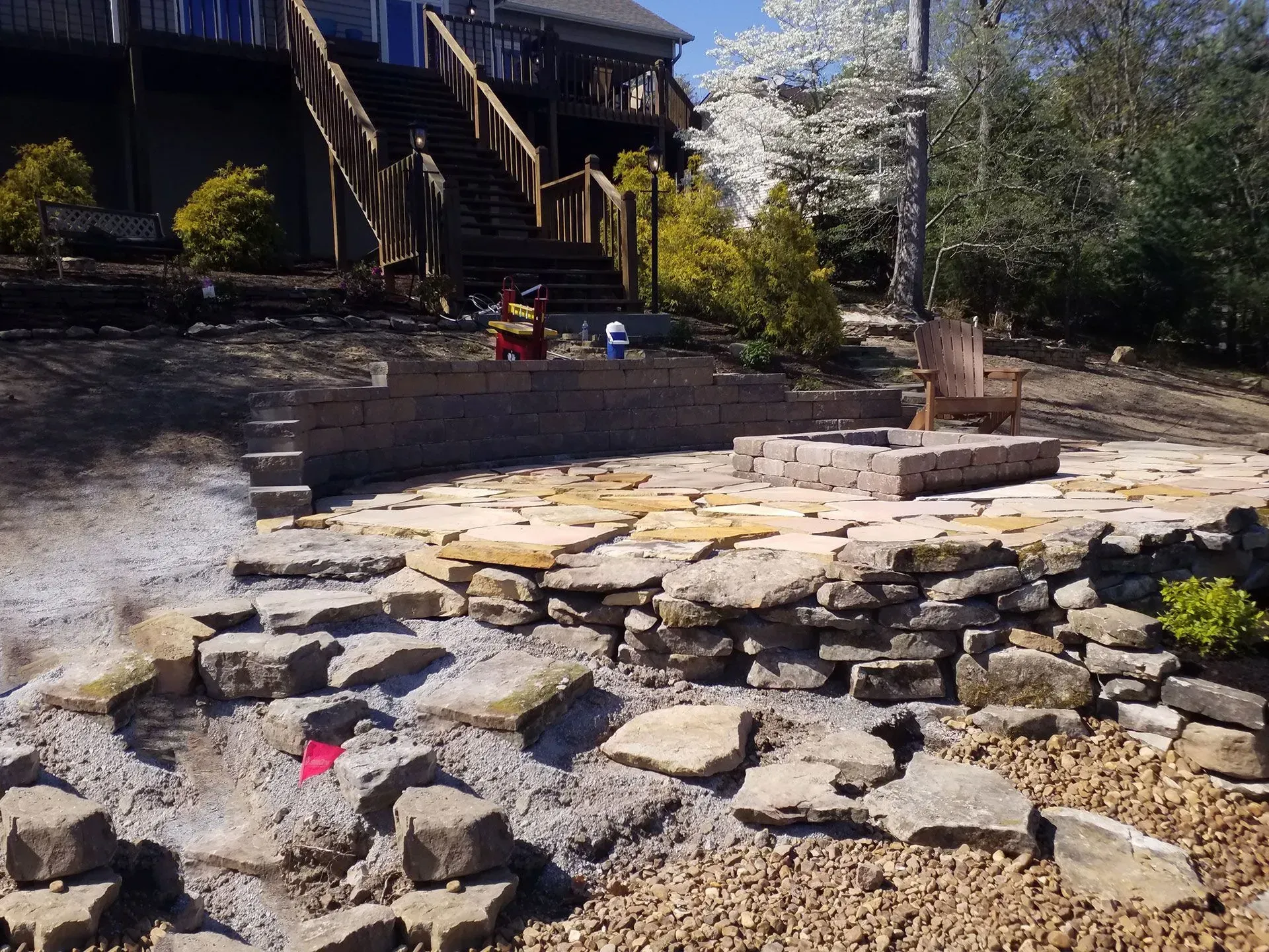 A fire pit is surrounded by rocks in front of a house
