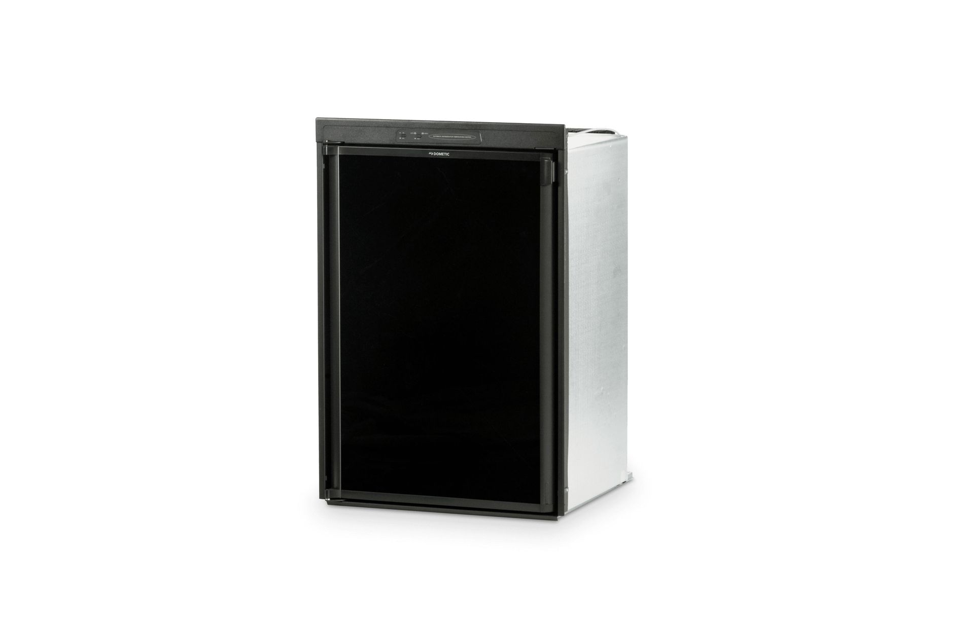 A small, black-doored refrigerator against a white background. It has a dark door and a silver frame.