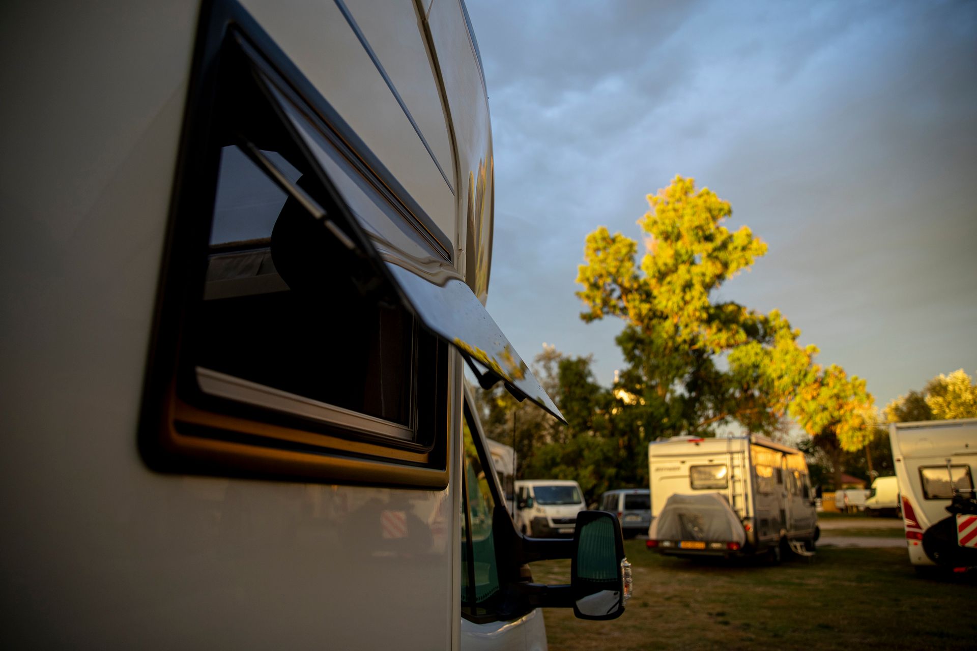 RV window open, parked in a campground at dusk, tree in the background.