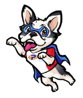 A cartoon dog wearing a cape and mask is flying through the air.
