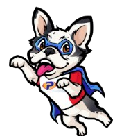 A cartoon husky dog wearing a cape and mask is flying through the air.