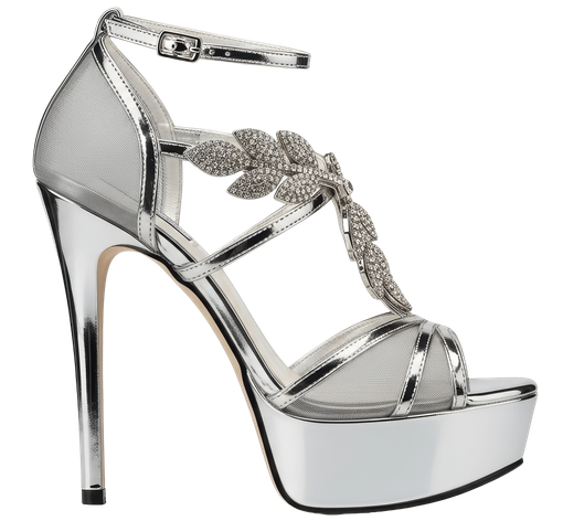 Silver high-heeled sandal with a platform sole, mesh detailing, and a crystal leaf accent on the straps.