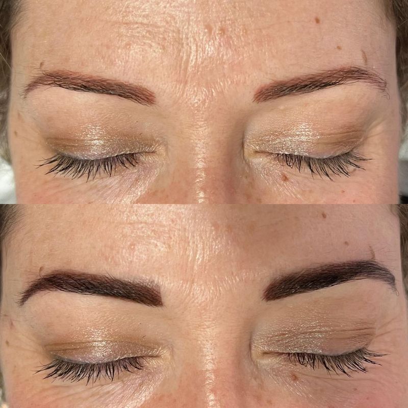 Top: light brown eyebrows. Bottom: darker brown eyebrows. Eyes closed, likely before/after permanent makeup.