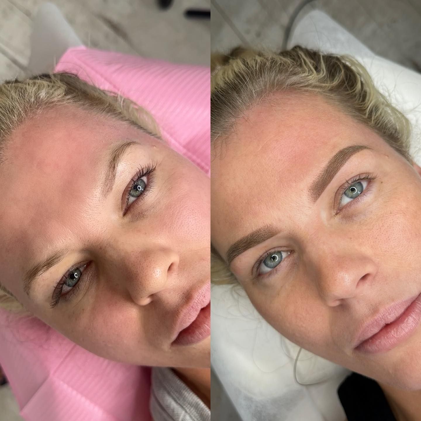 Before and after photos showing eyebrow microblading on a woman. The right photo shows filled-in, defined eyebrows.