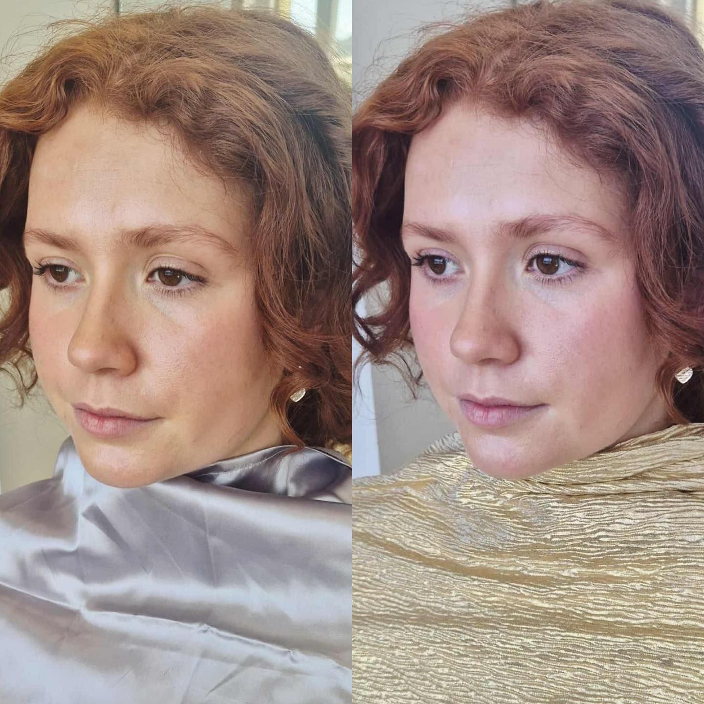 Two portraits of a woman; one with a silver shawl and the other with a gold shawl, both with red hair.