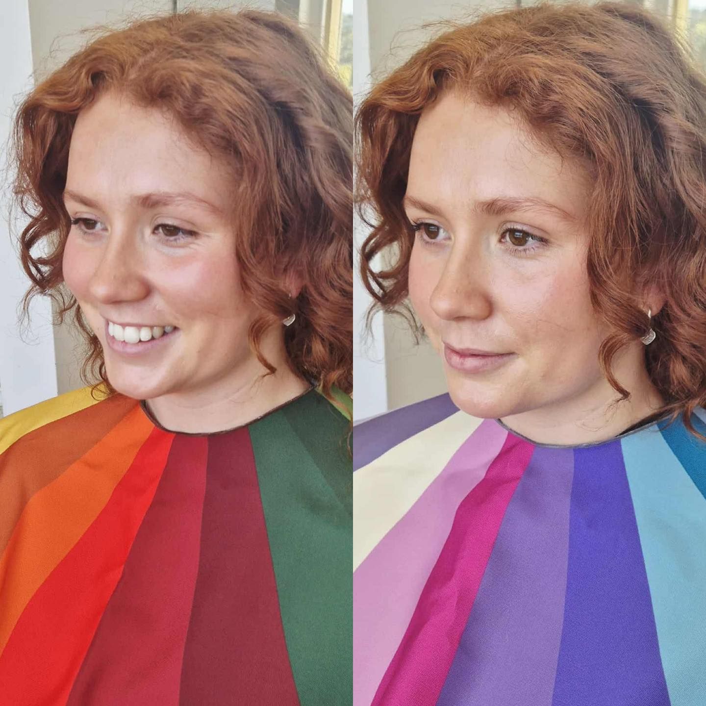 Woman comparing color palettes; smiling with warm tones, neutral expression with cool tones.