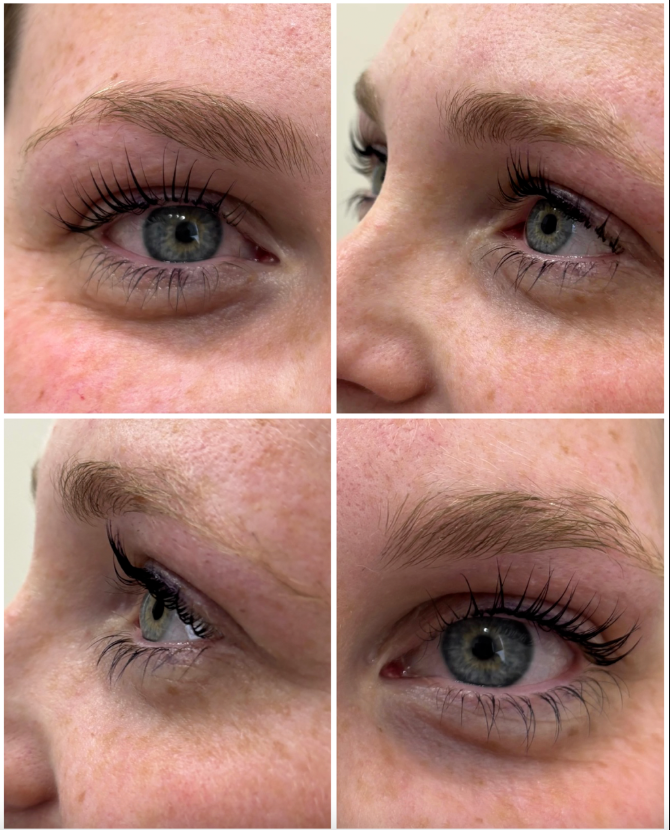 Four close-up views of a person's eyes, showing mascara and eyeliner. Pale skin, light eyebrows, and blue-gray eyes.