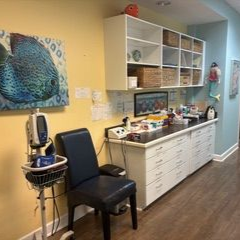 Medical exam room with equipment, storage, and a chair. Artwork of a blue fish hangs on a yellow wall.