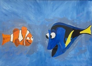 Cartoon drawing of Dory and Nemo.