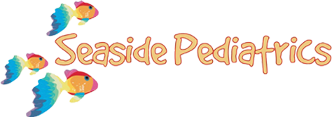 Logo for Seaside Pediatrics featuring three colorful fish and text.